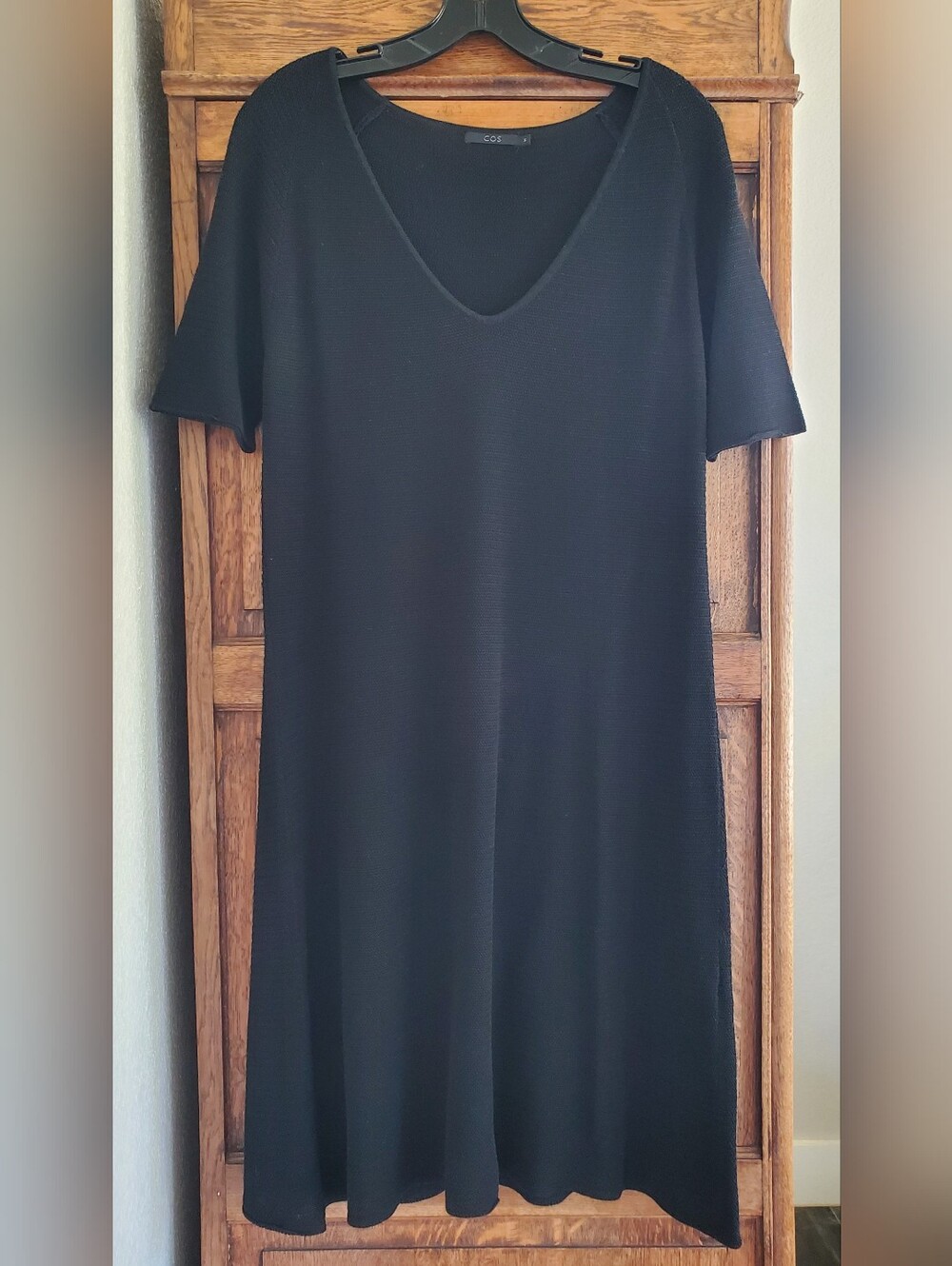 COS BLACK 100% TEXTURED COTTON V-NECK A-LINE SHORT SLEEVE MIDI DRESS MEDIUM NWOT